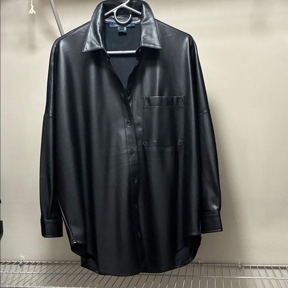 French Connection Black Faux Leather Shirt Jacket